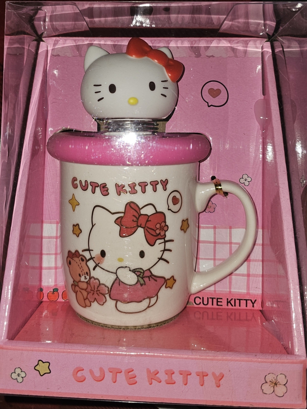 Hello Kitty White & Pink Ceramic Mug with Lid and Kitty Top